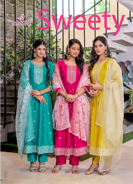 Sweety By Aanchi Roman Silk Kurti With Bottom Dupatta Wholesale Price In Surat